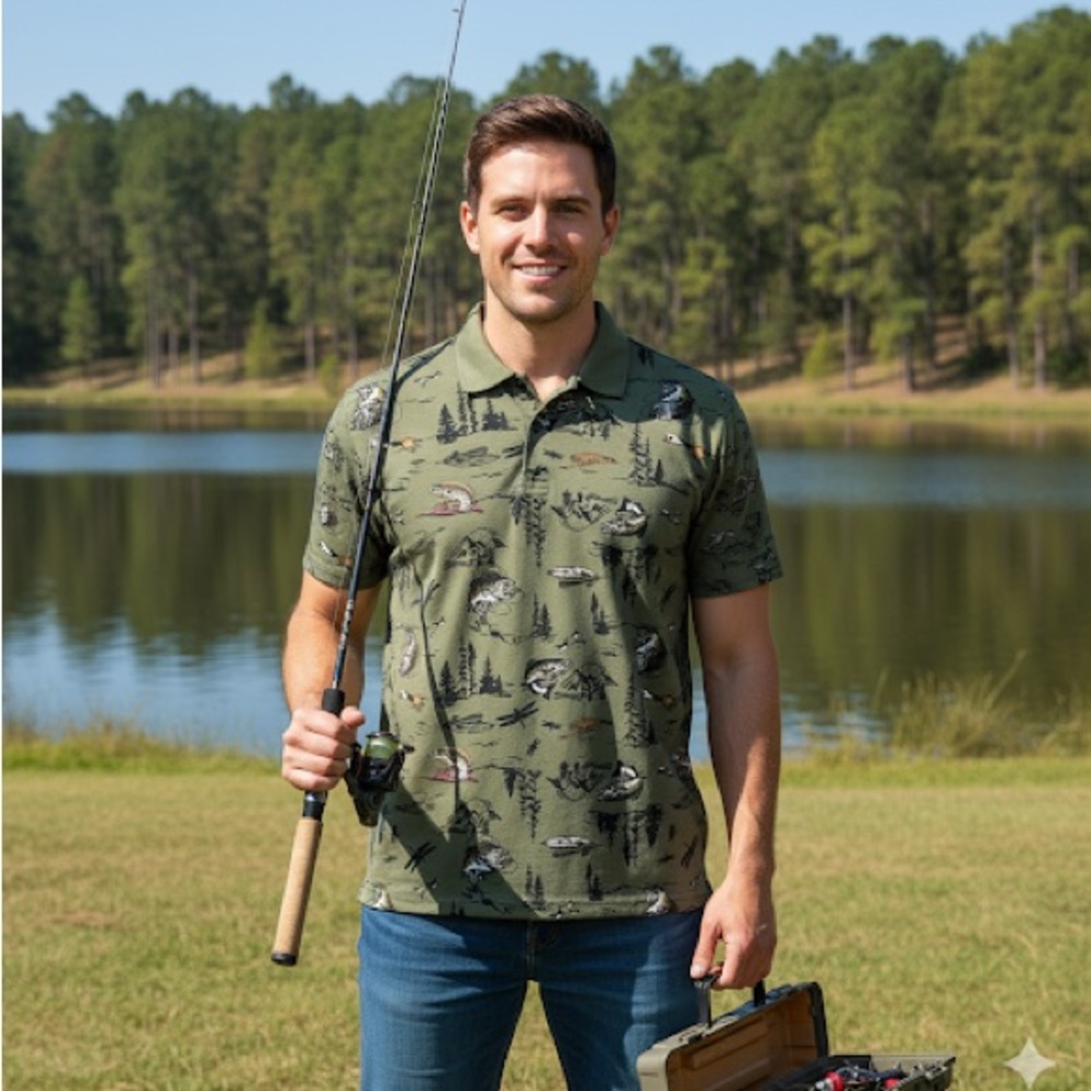Weekend Soul Mens Sz M Fisherman Print Polo Shirt Fish Bass